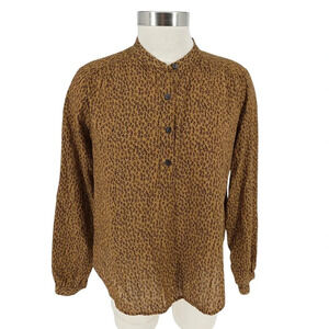 GAP Popover Top Brown Leopard Long Sleeve Button Henley Shirt Petite
